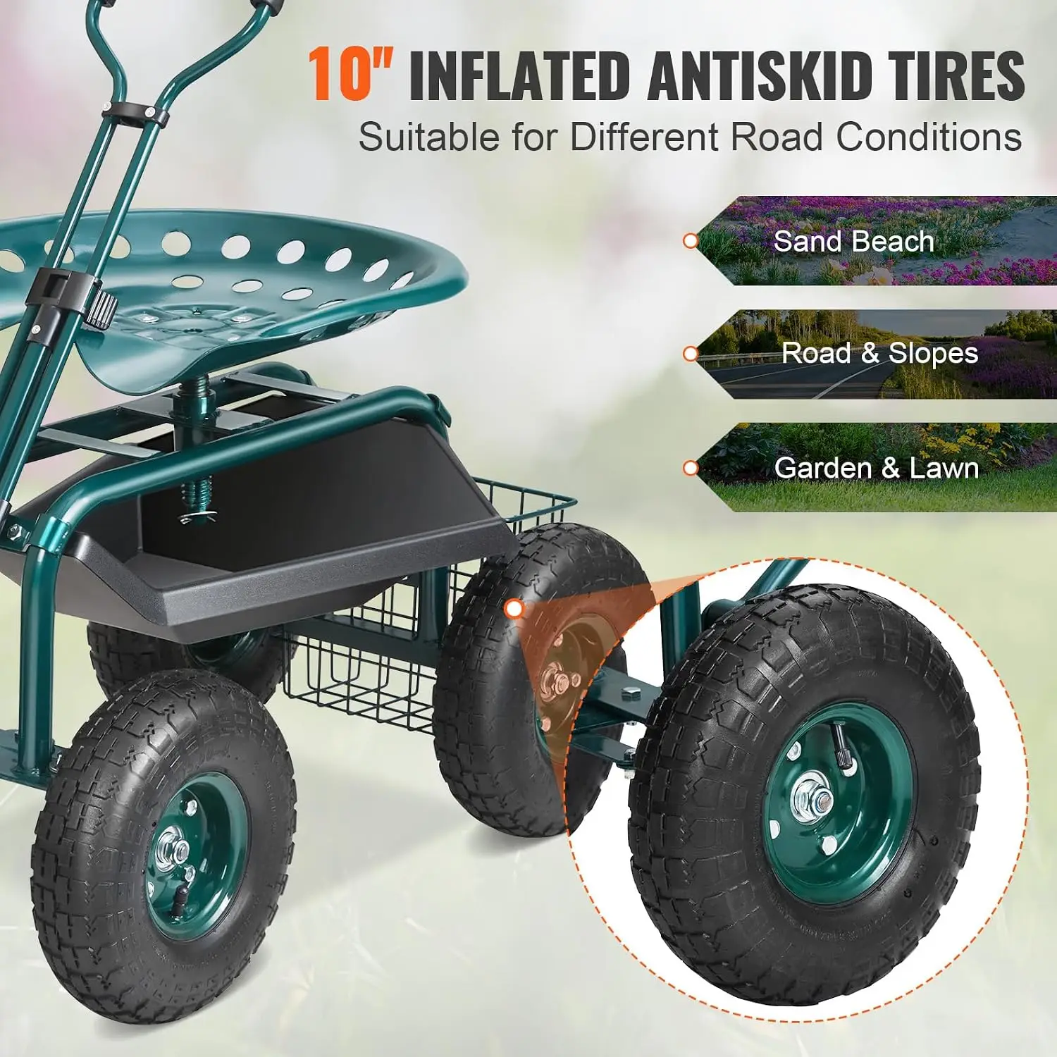 Garden Cart Rolling Workseat with Wheels, Gardening Stool for Planting, 360 Degree Swivel Seat, Wagon Scooter with Steering Handle & Utility Tool Tray, Use for Patio, Yard, and Outdoors, Green | 360 Swivel Garden Chair, Wagon Scooter with Steering Handle view 4