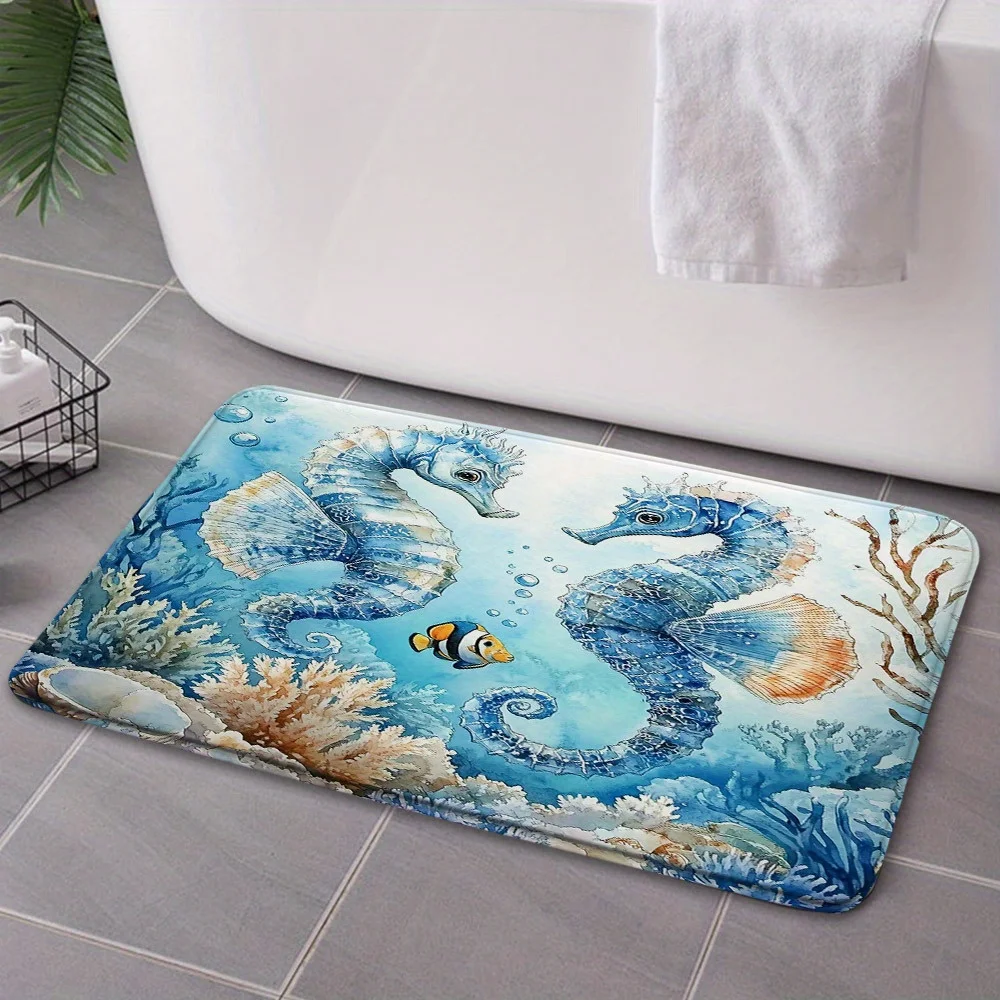 VIKAMA Watercolor Blue Seahorse Bathroom Mat Coral Reef Clownfish Under‑sea Bubble Print Non‑slip Absorbent Shower Floor Rug