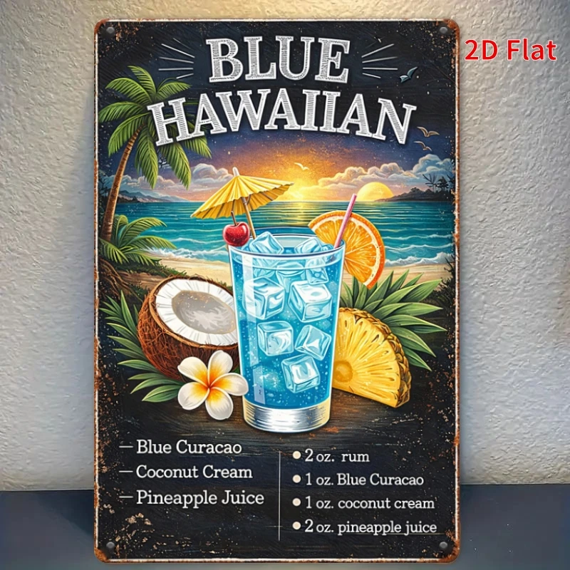 2D Flat - [2Dflat], 1pc 11.81X7.87inch - Vintage Metal Sign, Blue Hawaiian Cocktail Recipe Wall Decor, Tropical Beach Bar Plaque