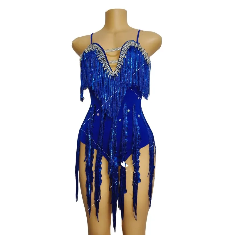 Women Latin Dance Dress Blue Sequins Tassel Rhinestones Bodysuit Samba Ball Performance Clothes Bar Nightclub Sexy Stage Costume