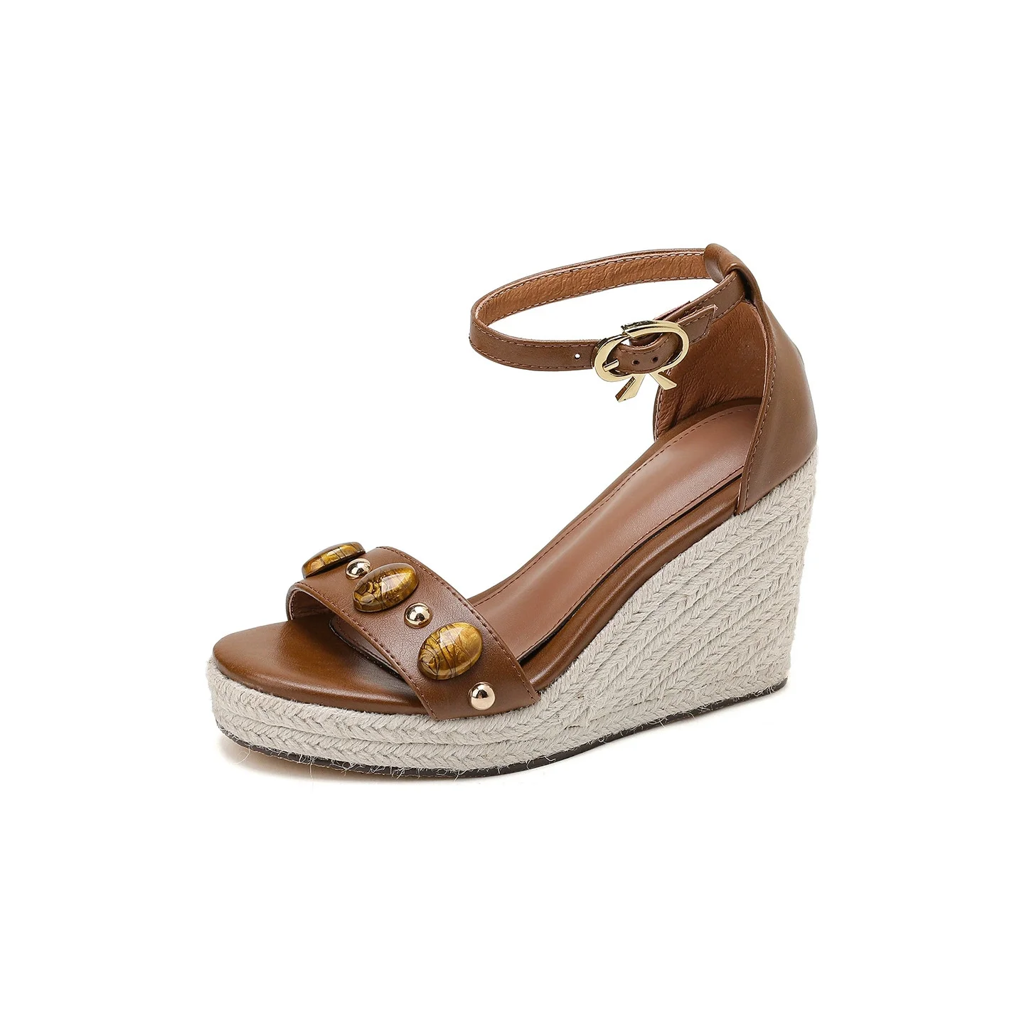 Women's Gem-Embellished Espadrille Wedge Sandals Ankle Strap Platform Wedges with Tiger's Eye Details Casual Footwear for Summer