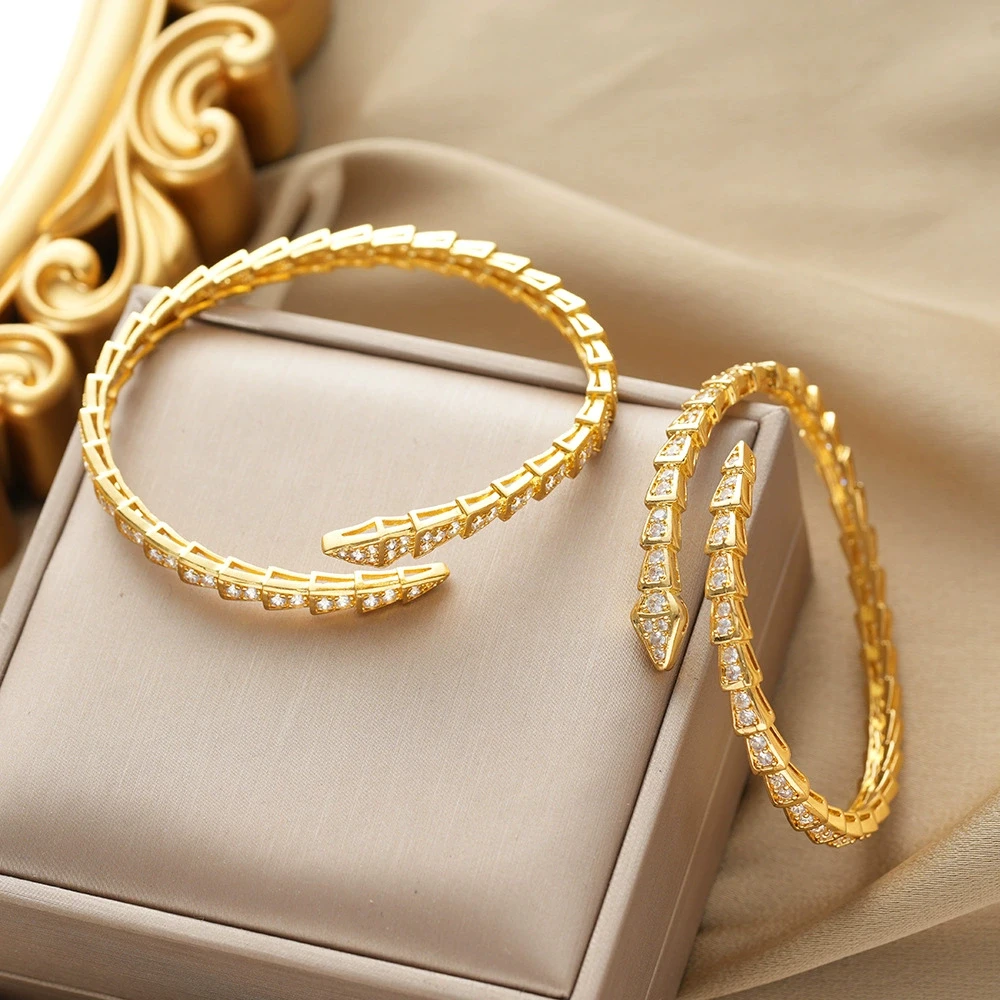 Fashion Snake Bone Bamboo Inlaid Zirconia Open Bracelet Women Gold Copper Metal Couple Holiday Gift Bracelet Party Daily Jewelry image 3