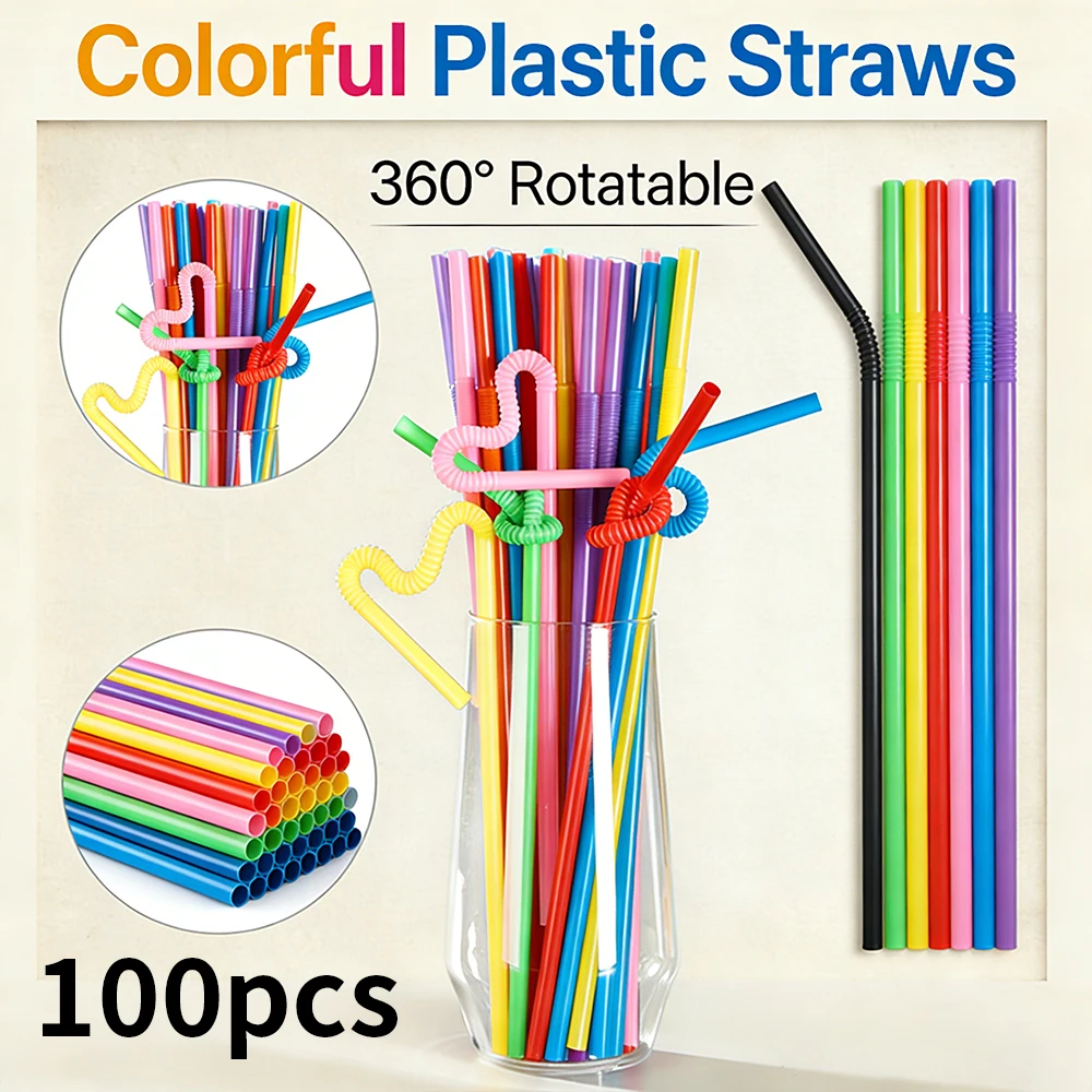 100pcs Colorful Bendable Disposable Straws Food Grade Plasti
