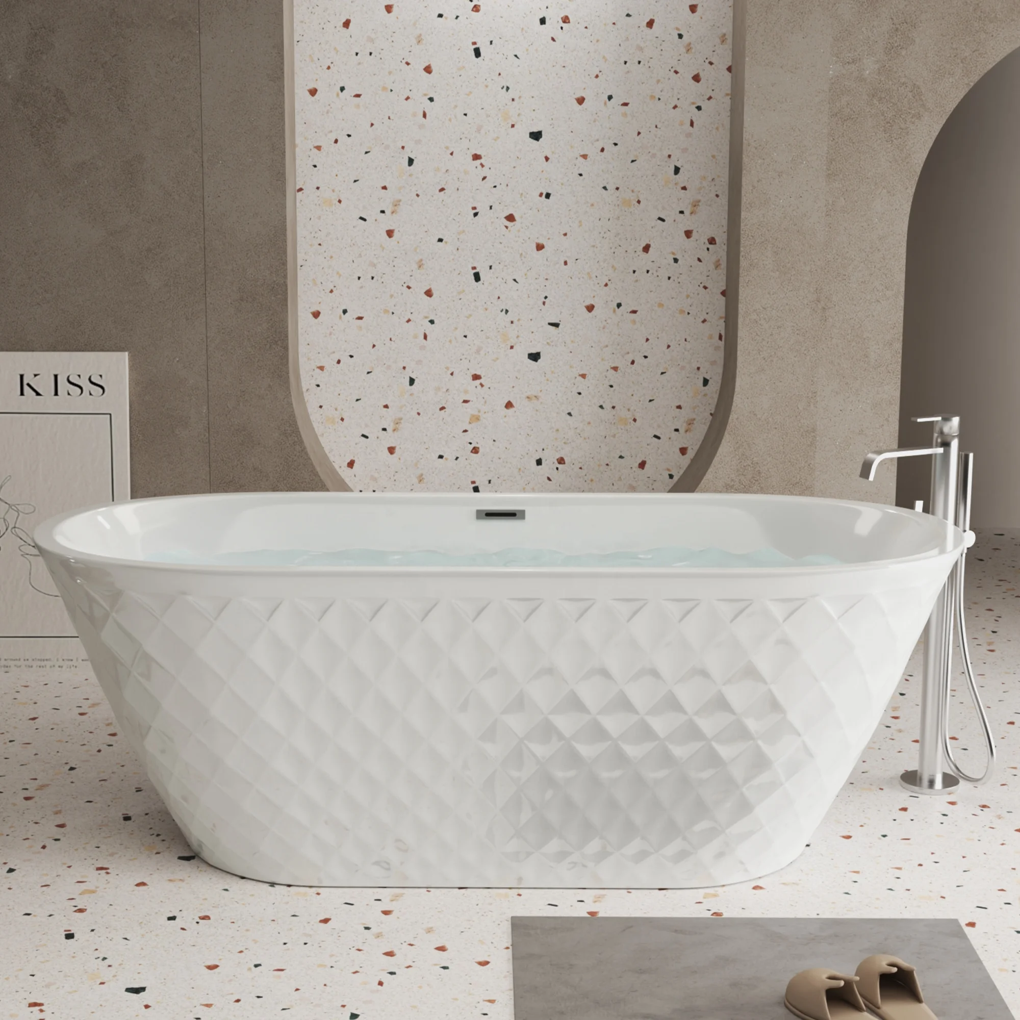 Modern Hotel Home New Design Standing White Acrylic Soaking Oval Freestanding Bathtub