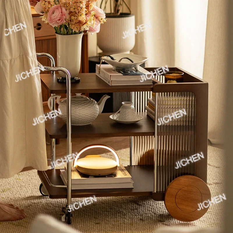Solid Wood Stainless Steel Mobile Trolley Bedside Table Storage Rack Coffee Tables Desk Computer Desks Side Table Cart Furniture