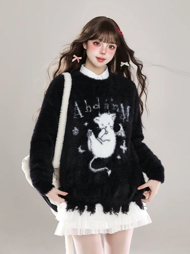 

Cute Cartoon Mink Knit Sweater Women's Winter Loose Lazy Sle Soft Plu Overhead Long Sve round Ne Warm Thermal Top