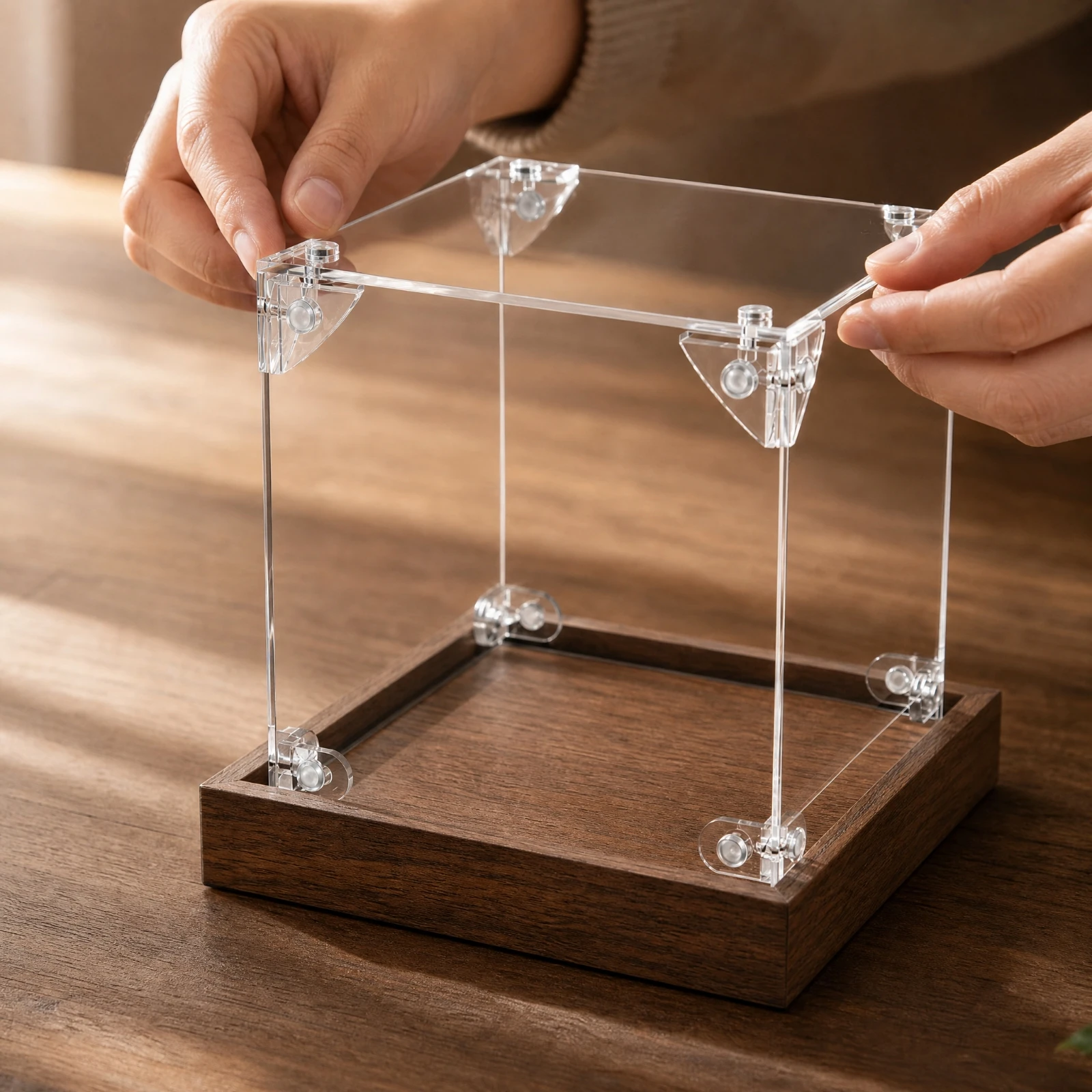 Snap Fit Acrylic Display Cube 10cm Transparent Showcase with Wood Style Base for Hobby Desk Decor