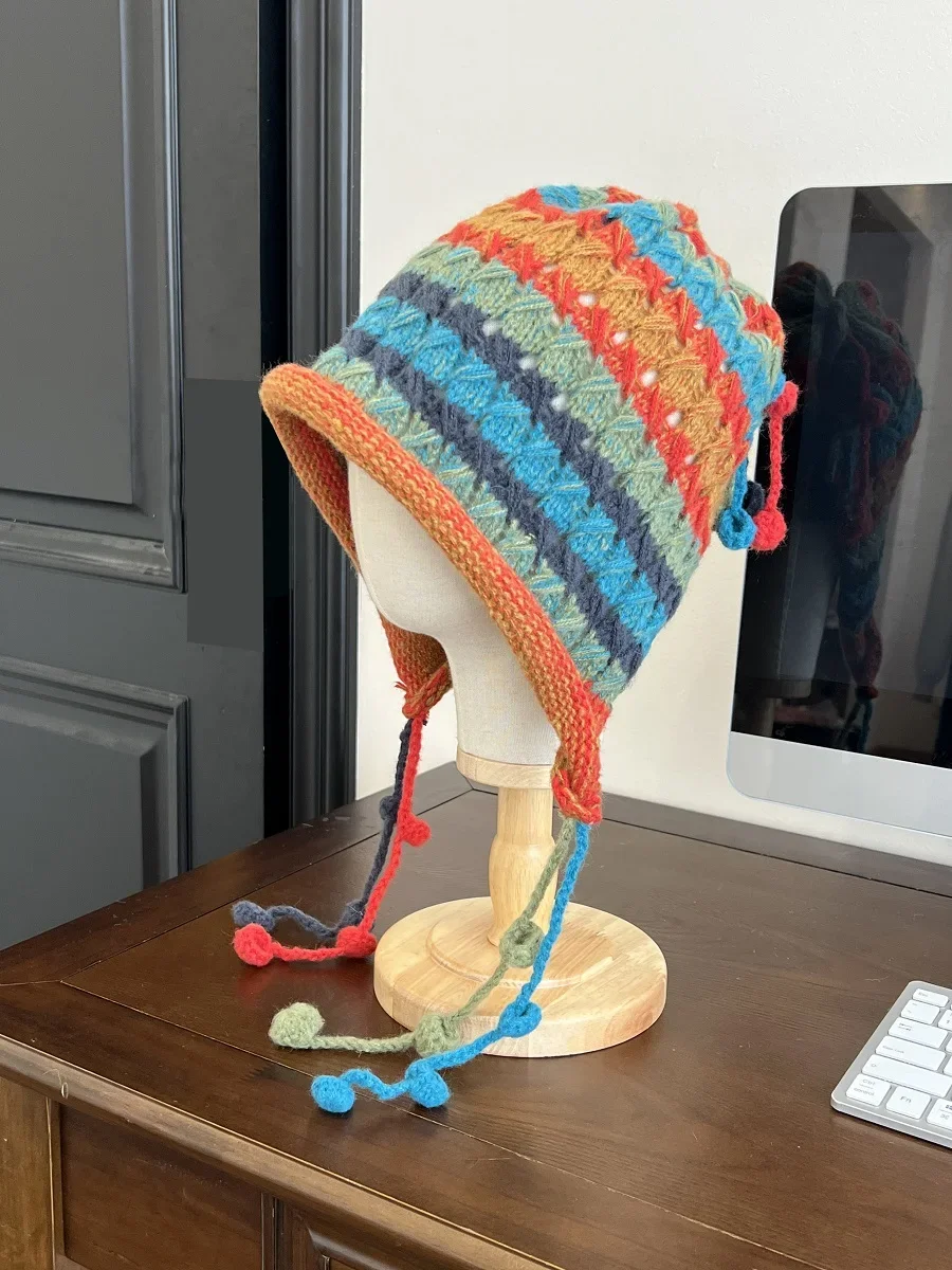Chapeau Baotou en Laine Rayé pour Femme, Boule de Poils à Franges, Protège-Oreilles