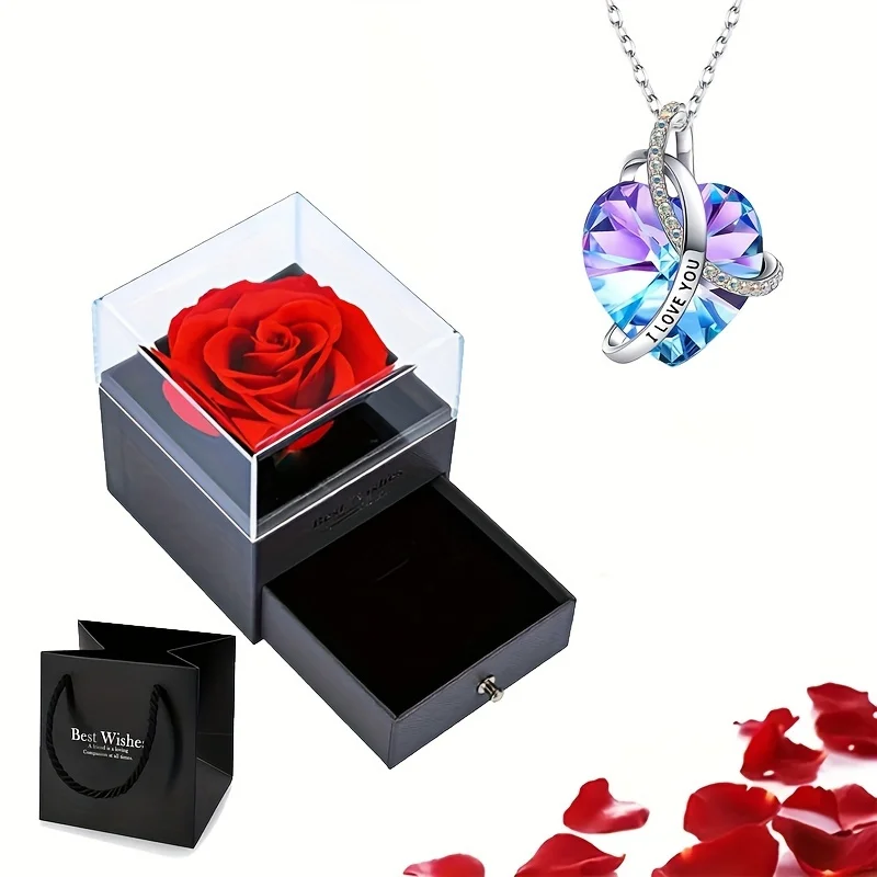 I Love You Zircon Pendant Necklace With Rose Gift Box For Girlfriend Birthday Christmas Romantic Gift 2024 New Fashion Jewelry