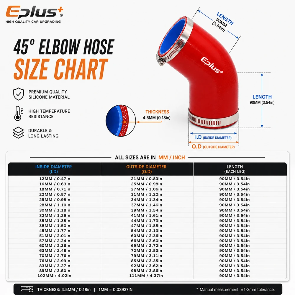EPLUS Red Silicone Tubing 45 Degrees Hose Coupler Universal Car Air Intake Intercooler Turbo Pipe Adapter Silica Gel Connector