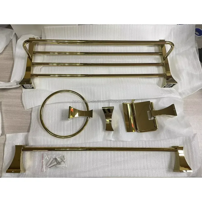 Modern 5-Piece Brass Gold Plated Bathroom Accessory Set for Home Hotel Square Soap Dishes Towel Bar Toilet Paper