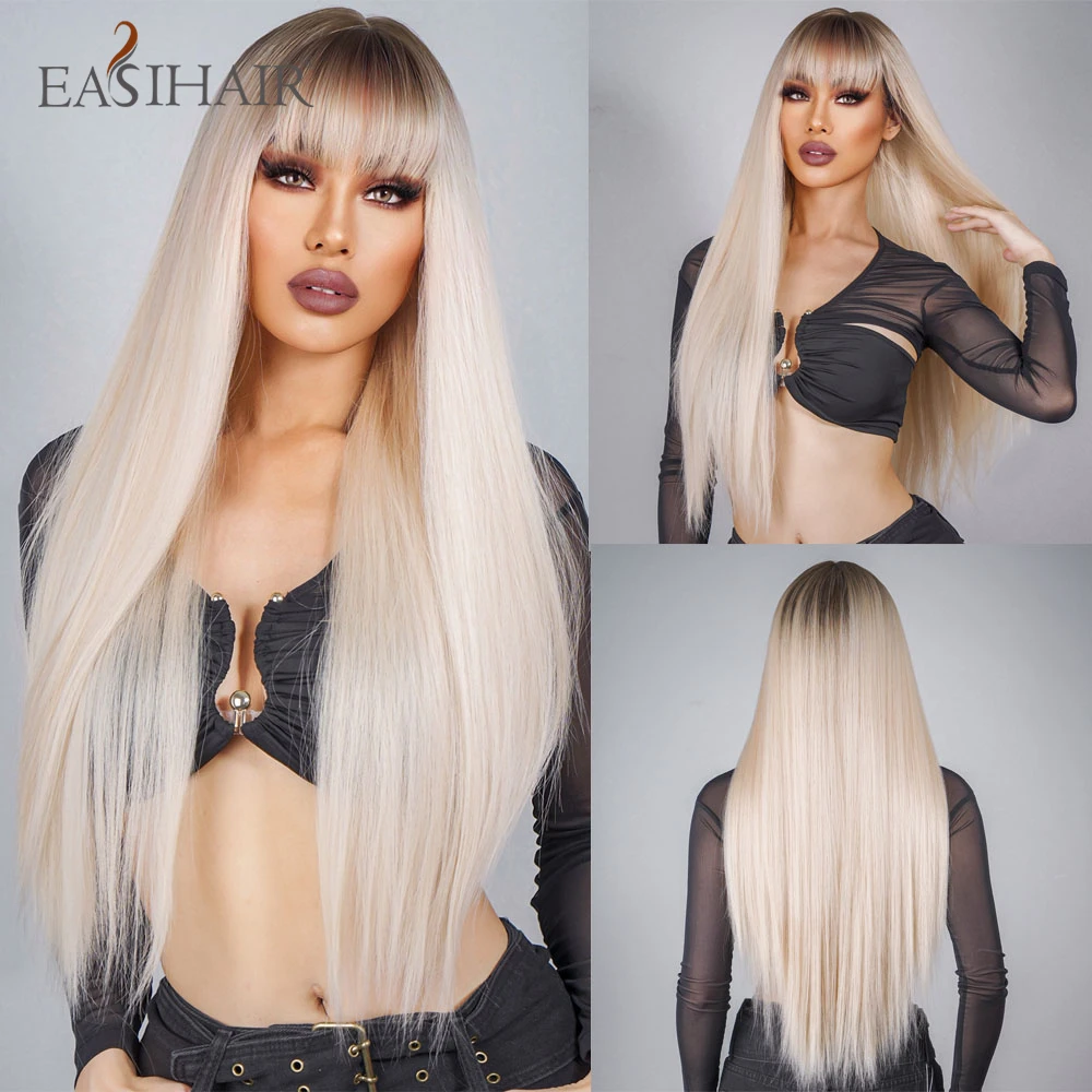 EASIHAIR Long Silky Straight Synthetic Wig with Bang Light Platinum Blonde Hair Wig for Women Daily Party Cosplay Heat Resistant