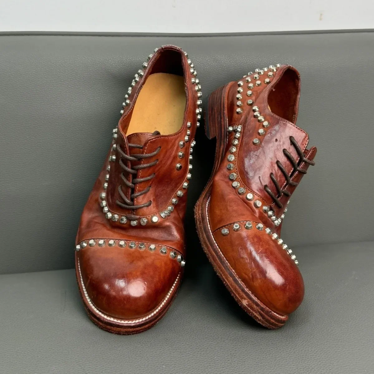 Goodyear-Welding New Rivet Decoration Fashion Trend Retro Alloy Leather Sole Horseskin Men's Leather Shoes