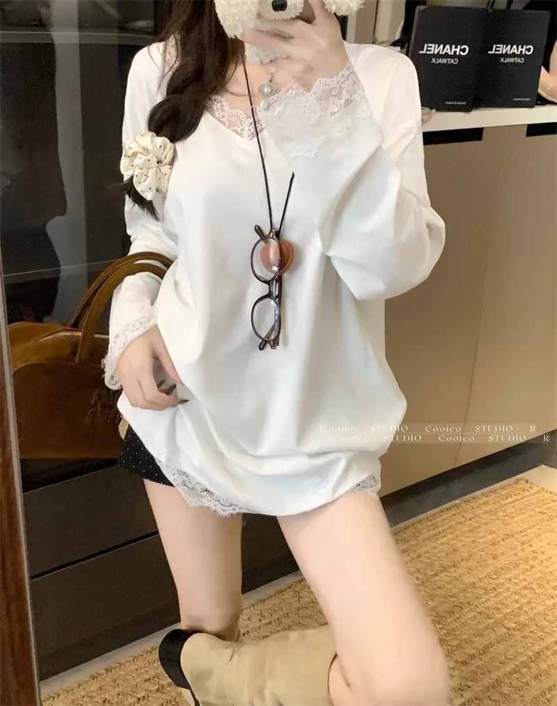 

Long Sleeved T Shirts Oversize Cartoon Womens Spring Ruffle Trim Waist String Urban Lady Pleat Artistic Layered Crisp Clean Tees