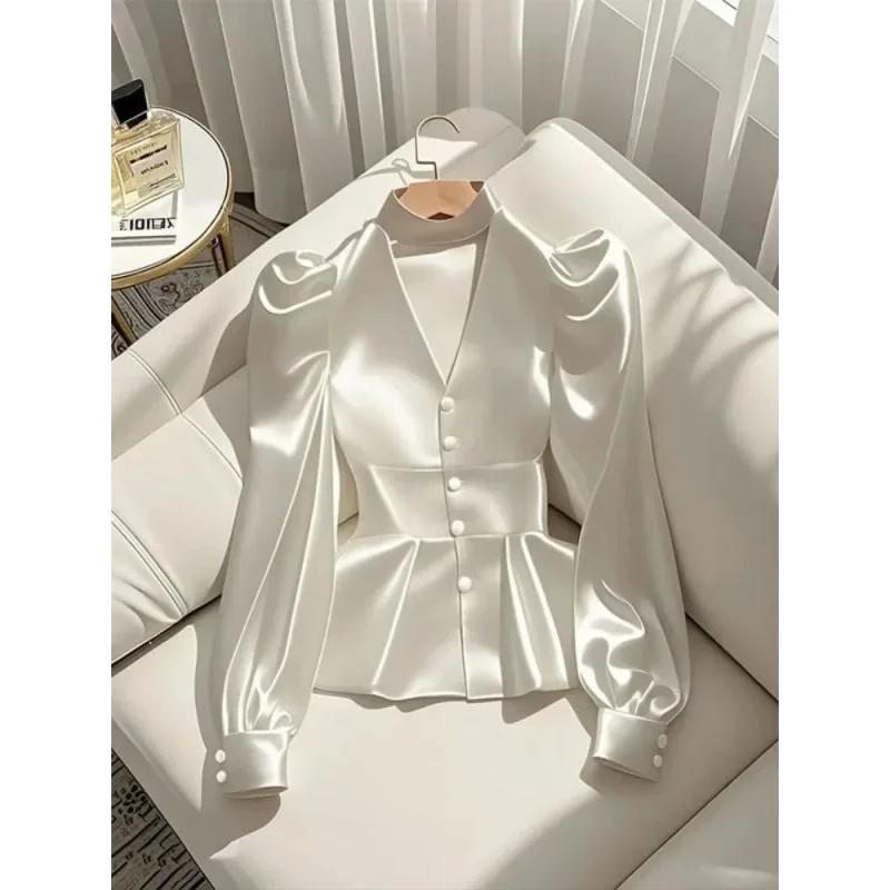 Frans elegant damesoverhemd Luxe taille-gesneden wit satijnen shirt met lange mouwen voor dames Temperament Elegante damesblouses