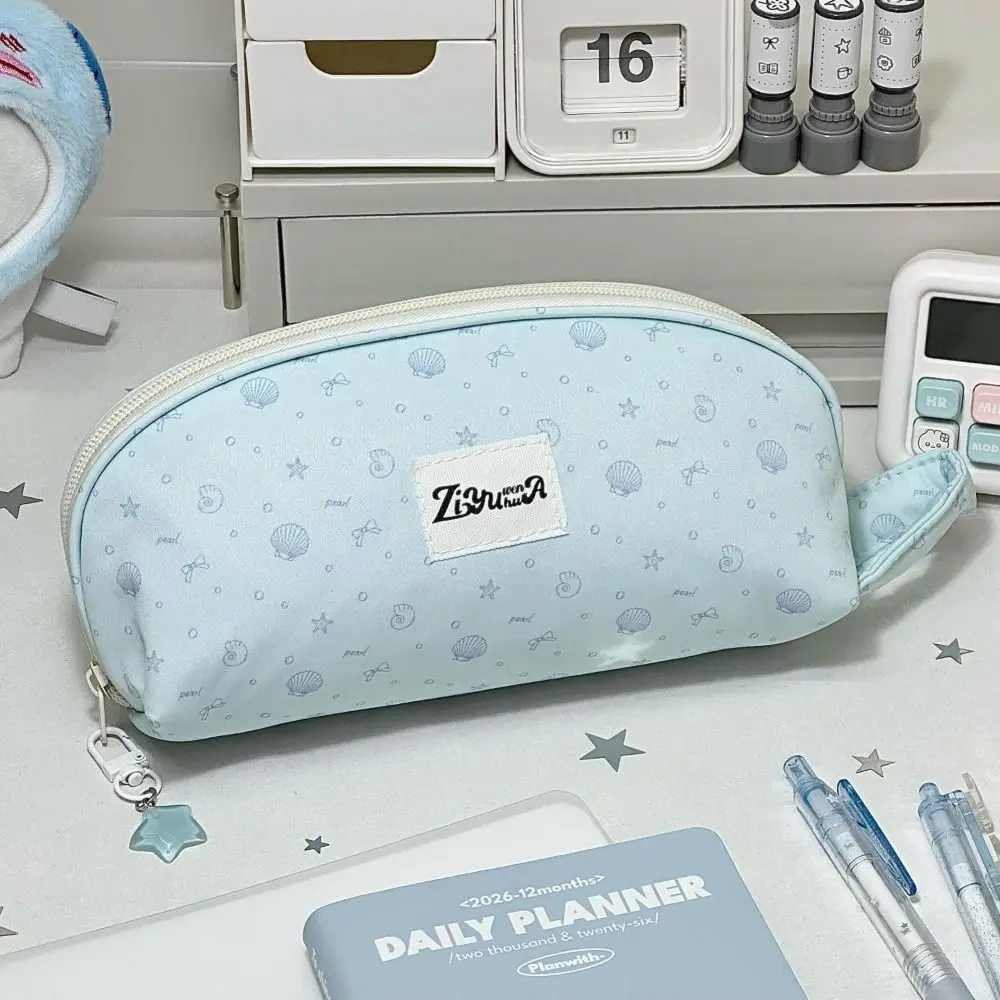 1pc Portable Sea Salt Blue Pencil Case with Handle Large Capacity Pen Bag Shell Print Stationery Bag School Office