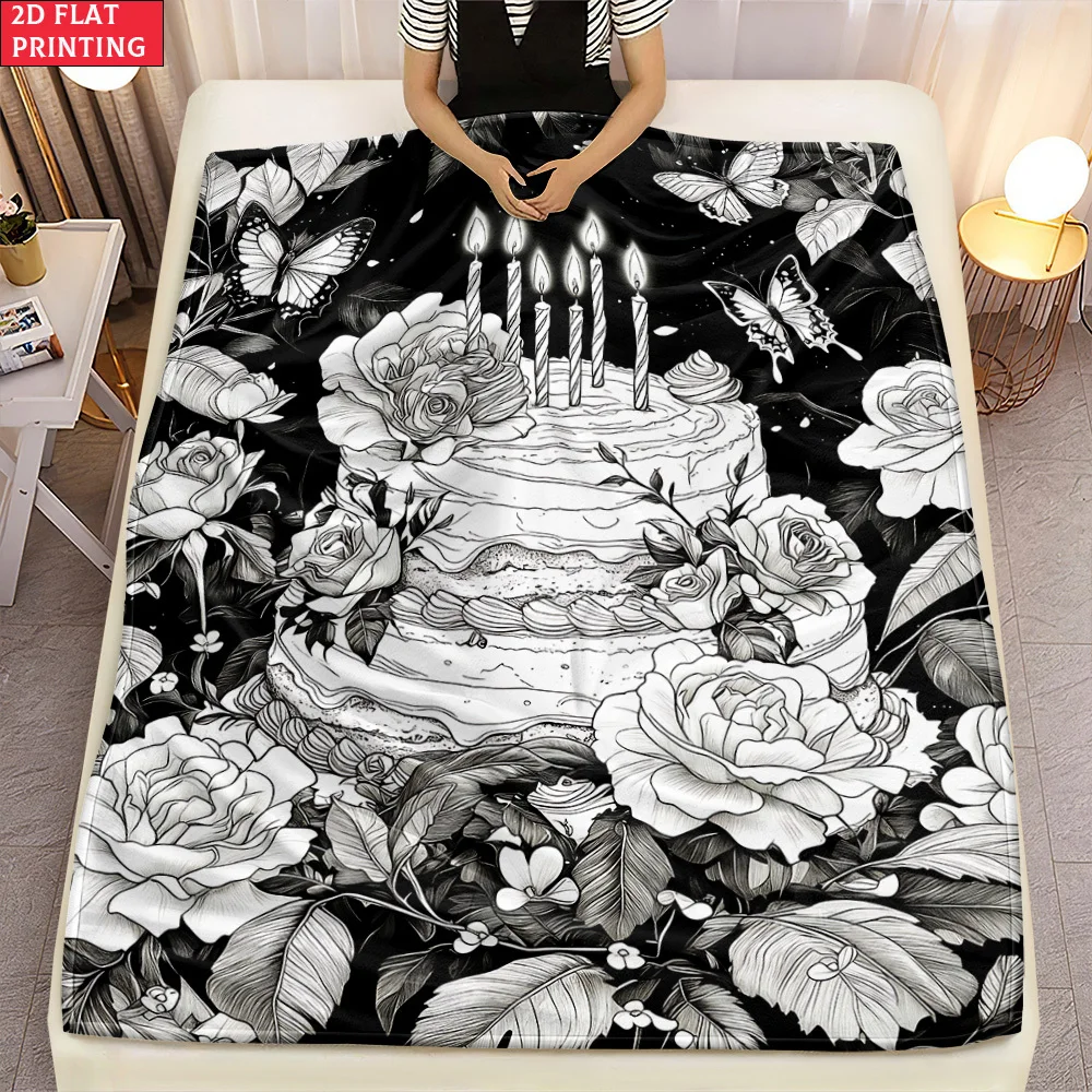 1pc 2D Flat HD Birthday Cake Printed Throw Blanket, Soft Warm All‑Season Blanket for Travel, Camping, Sofa, Living Room