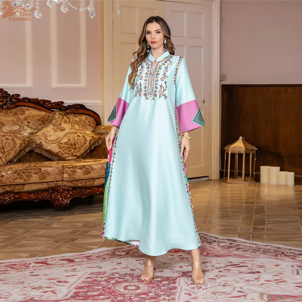 

Uni Muslim Elegant Floral Print Dress Moroccan Luxury Embroidery Stylish Abaya Long Modest Dresses Women
