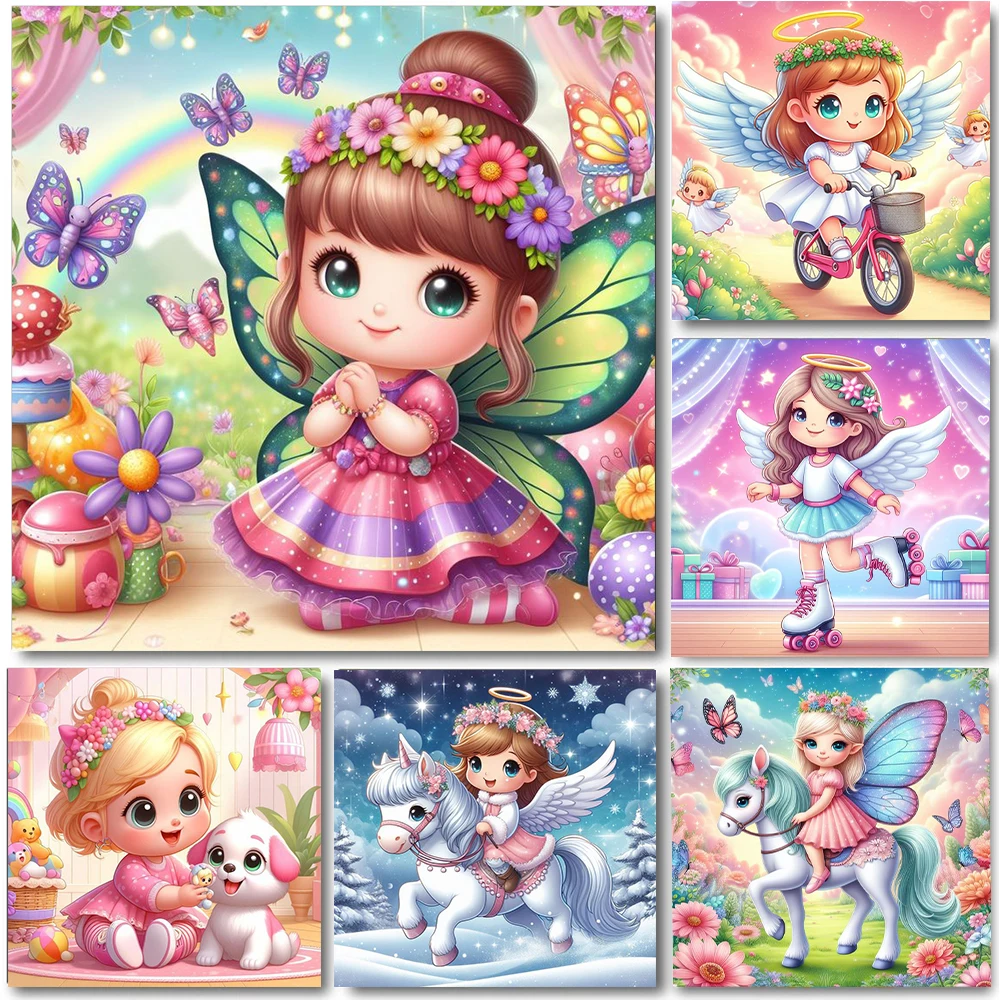 Cartoon Kawaii Angel Girl 5D Full Round Diamond Painting Kits Cute Butterfly Girls DIY Drills Mosaic Embroidery Cross-stitch