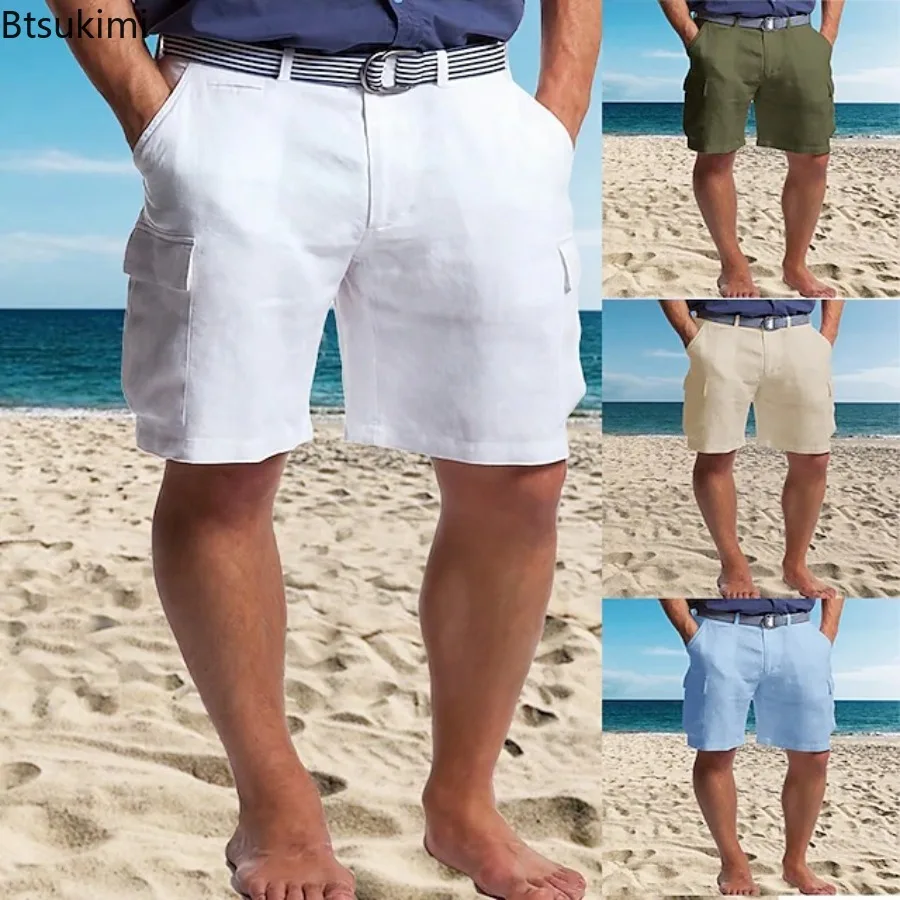 

2025 High Quality Linen Shorts for Men Summer Fashion Solid Color Casual Baggy Shorts Multi Pocket Breathable Beach Shorts Male