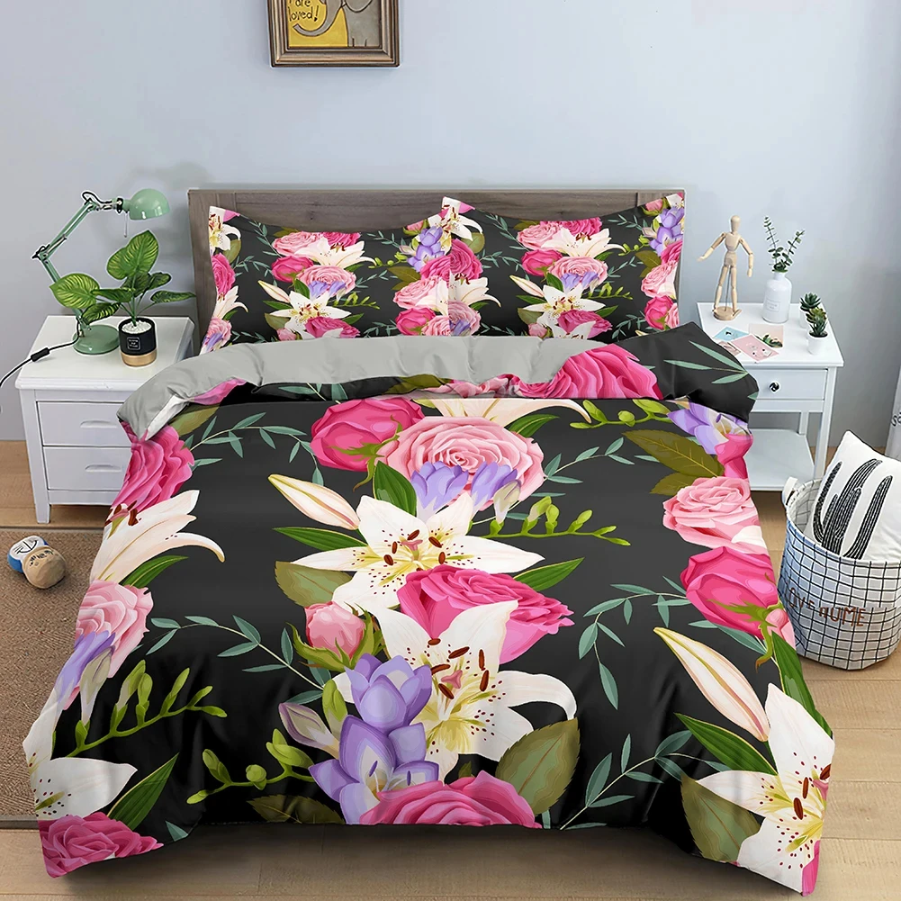 Floral Duvet Cover Twin King Size Rose Peony Flowers Comforter Cover Modern Floral Bedding Set Botanical Spring Blossoms Bed Set