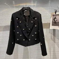 Heart Beaded Decoration Black Short Blazers Women Coat Spring Slim Notched Collar Long Sleeve Single Button Female Suit Jacket