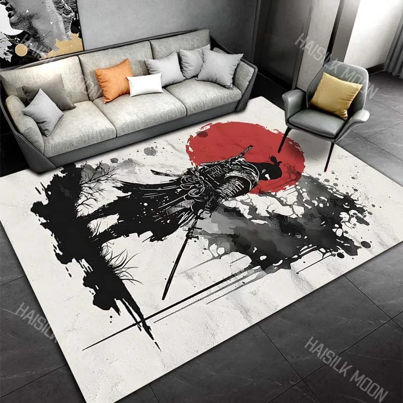Samurai and red sun ink painting Print Carpet Rug for Living Room Bedroom Sofa Doormat Home Decor Non-slip Floor Mat