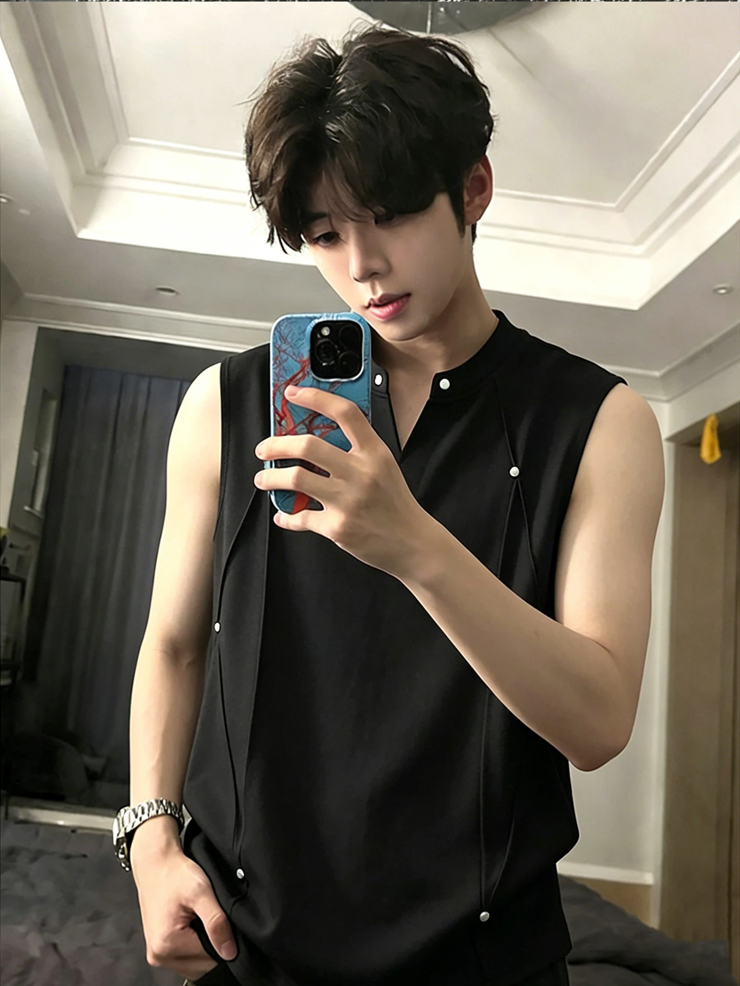 Black V-Neck Tank Top Men's Style Summer Design Trendy Rivet Sleeveless T-Shirt Deconstructed Shoulder Sport Sweatshirt