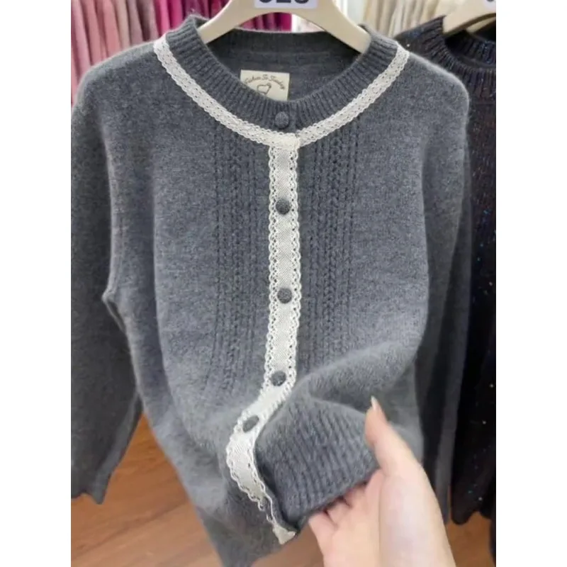 Gray Lace Spliced Sweater for Women in Early Spring 2025 Round Neck Long Sleeve Versatile Single-breasted Knitted Cardigan