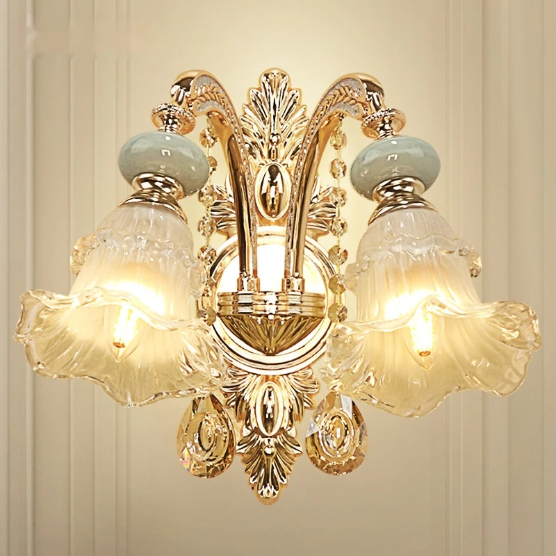 French Crystal Wall Lamp Background Wall Decoration European Luxury Villa Lights Retro Living Room Lamp Bedroom Bedside Lamp LED