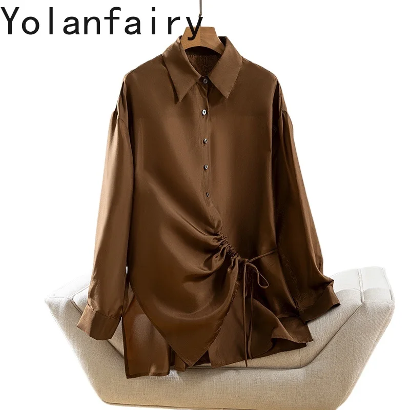 YOLANFAIRY 100% Mulberry Silk Oversized Shirt Unique Design Long Sleeve Women Top Casual Long Shirts Woman Lace-up Chemise Femme