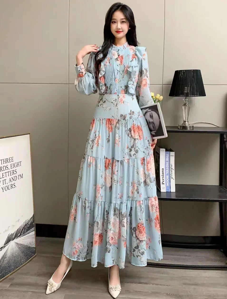 2024 New Spring Autumn Women Long Sleeve Slim Long Dress High Quality Sweet Ruffles Big Hem Chiffon Floral Dress 6 Colors