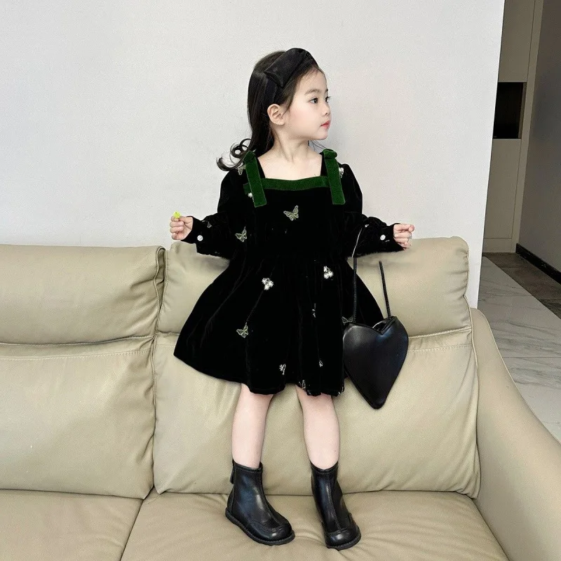 2025Girls' New Korean Style Butterfly Velvet Hepburn Style Temperament Dress