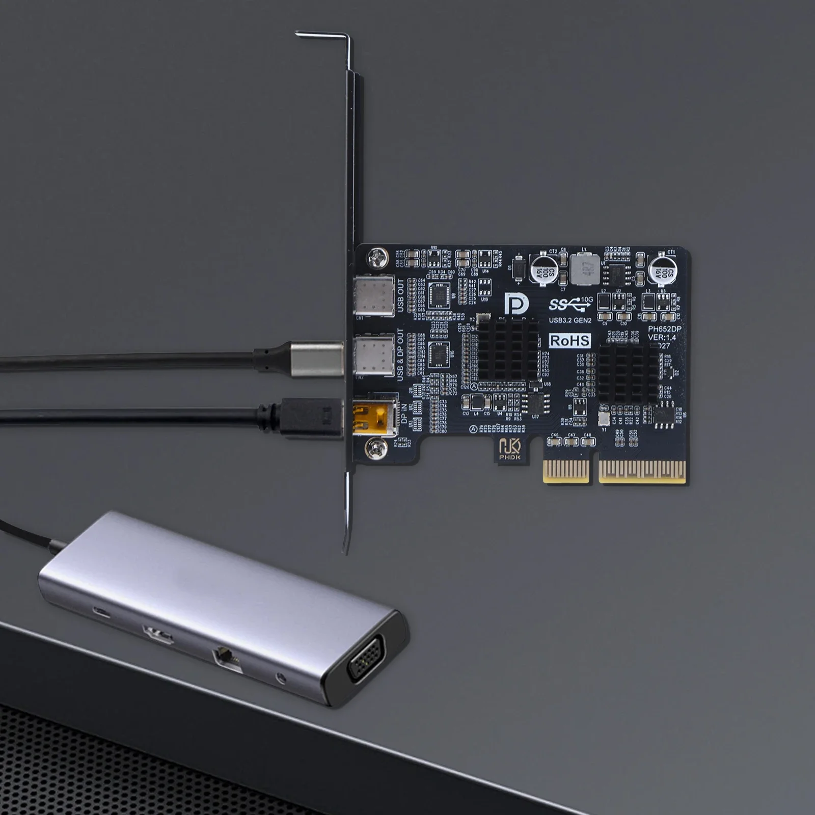 10Gbps PCIe to USB 3.2 Gen 2 Hub Card PCI-E X4 X8 X16 To Type-C Expansion Card Dual USB-C DP Video Port Desktop Docking Station