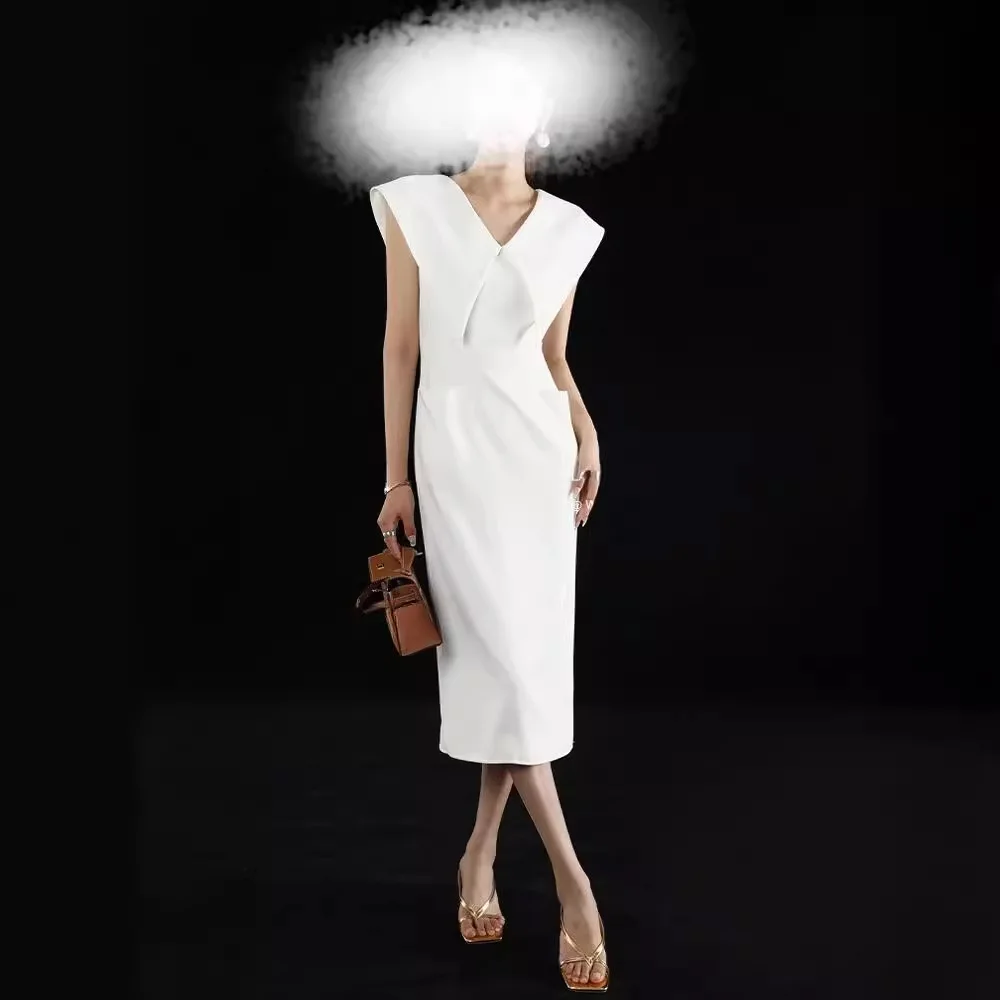 Zwarte Hepburn mouwloze pop-halsjurk dames slanke knielange jurk zomer hoge taille split rits rechte jurk