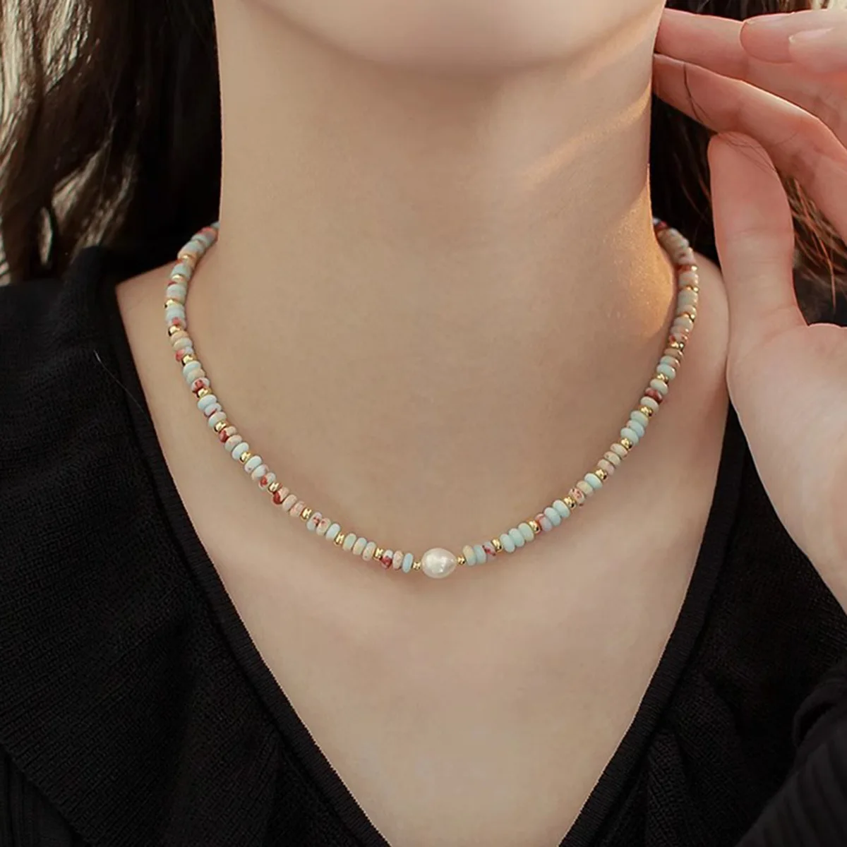 YWYC 7-8 مللي متر الأبيض لؤلؤ المياه العذبة القلائد للنساء الحجر الطبيعي الخرز 36 سنتيمتر 5 سنتيمتر تمديد سلسلة قابل للتعديل طوق القلائد #2