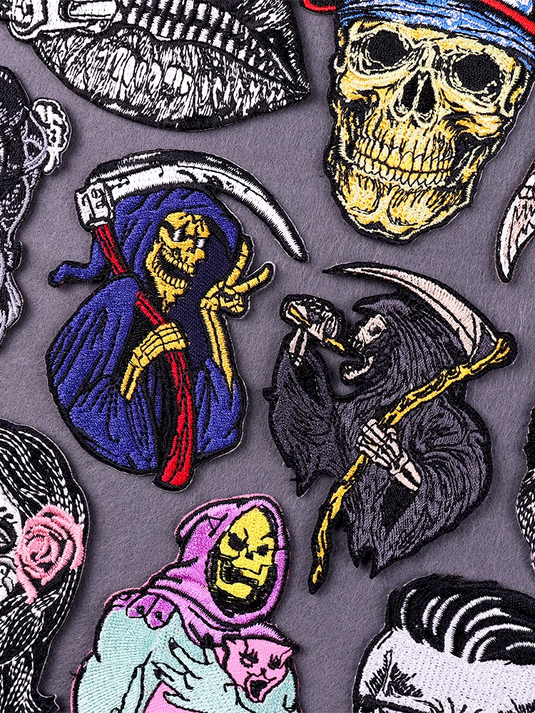 Patchs Brodés Thermo-Adhésifs pour Vêtements, Motif Grim Reaper, Style Hip Hop Punk, Décoration Brodée