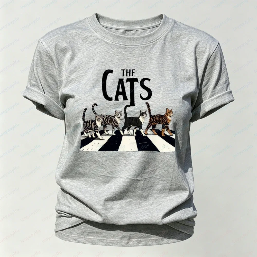 The Cats Abbey Road Crosswalk Grafik-T-Shirt für Damen, Retro Tabby-Katzen Beatles Parodie-Print, Katzenliebhaber Casual Kurzarm-Shirt – Detail 4