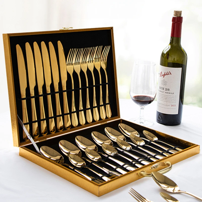 

Western Steak Knife Fork Spoon Golden Gift Box Set Stainless Steel Tableware 24 Pieces Complete Tableware Dishes Cutlery Kitchen