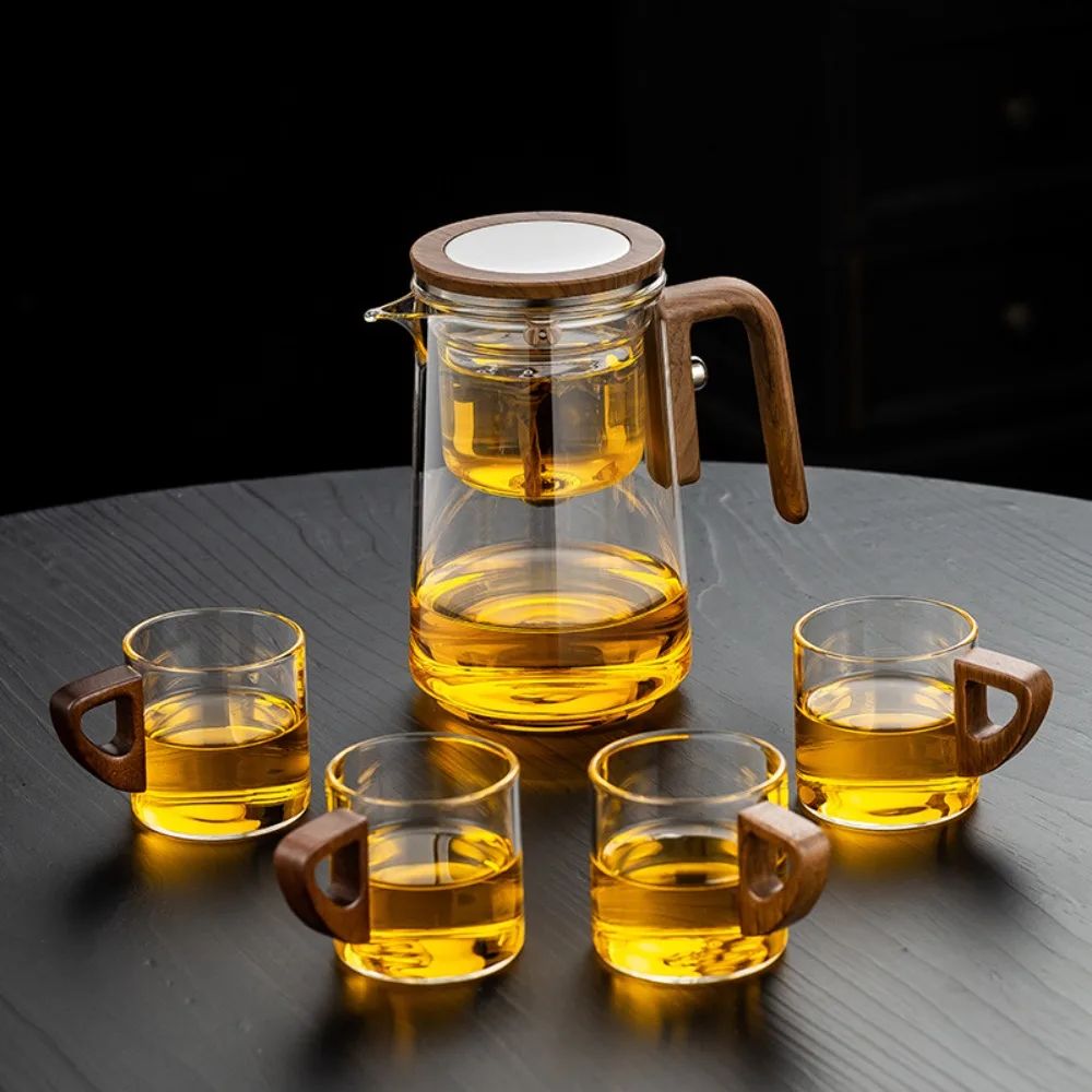 One Click Magnetic Switch Water Separation Inner Container Teapot Clear Glass Filter Tea Cup 600/800 ML Wood Handle