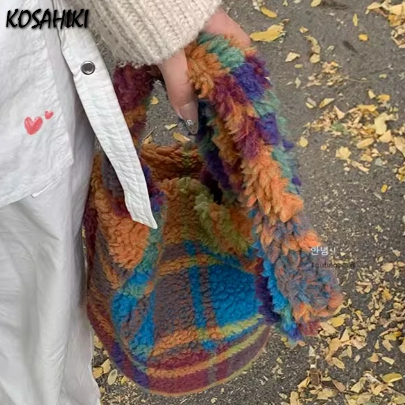

Fashion Trend Lamb Wool Shoulder Bag Women Y2k Aesthetic Contrast Color Plaid Handbags Harajuku Sweet Kawaii Cute Crossbody Bags