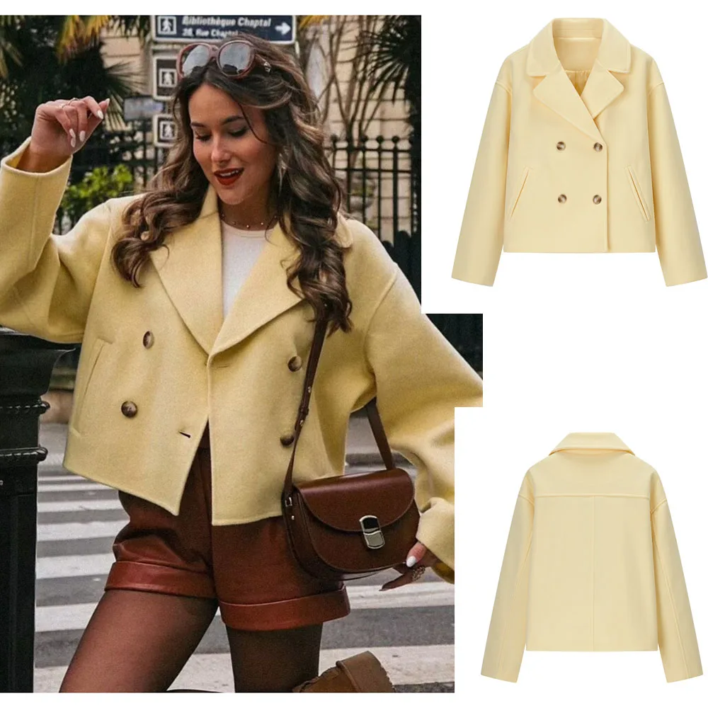 

Autrumn Collar Jacket Commuting Coat Women Vintage Double Breasted Buttons Full Sleeve Short Coat Loose Outerwear