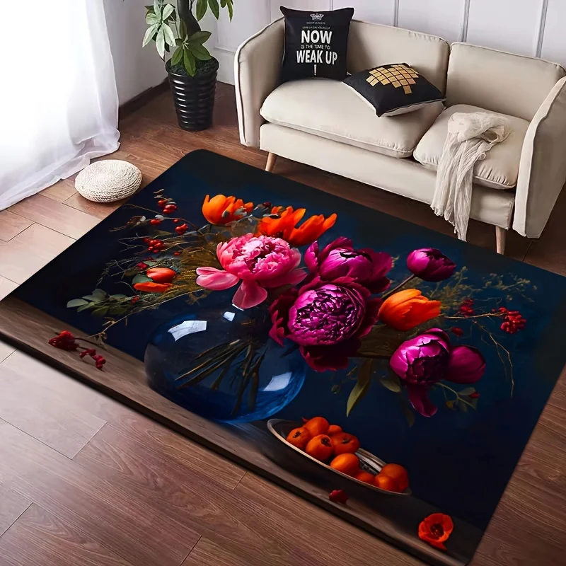 Floral vase pattern Flannel-printed floor mats are slip-resistant Suitable for living room bedroom terrace garden carpets