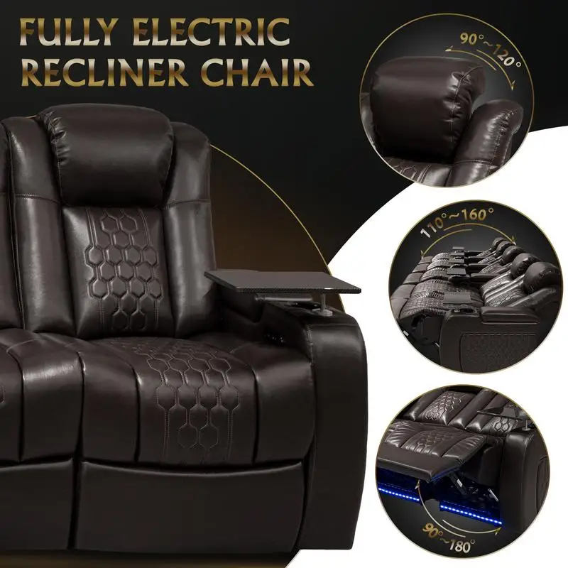 Sillón reclinable eléctrico de 155,5 ", 5 unidades, cuero de grano superior, relajación totalmente ajustable, carga inteligente, iluminación LED RGB, Color café