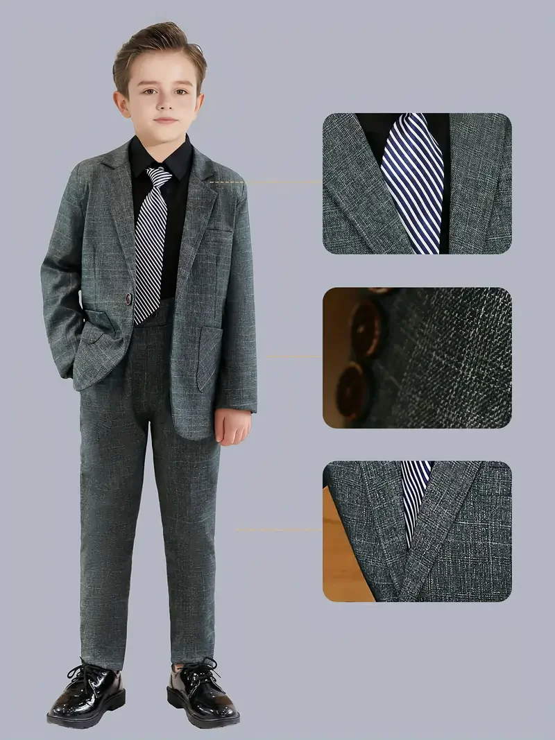 

Children 4Pieces/Set Jacket Pants Bowtie Brooch Host Piano Performance Costume Flower Boys Wedding Suit Kids Birthday Blazer
