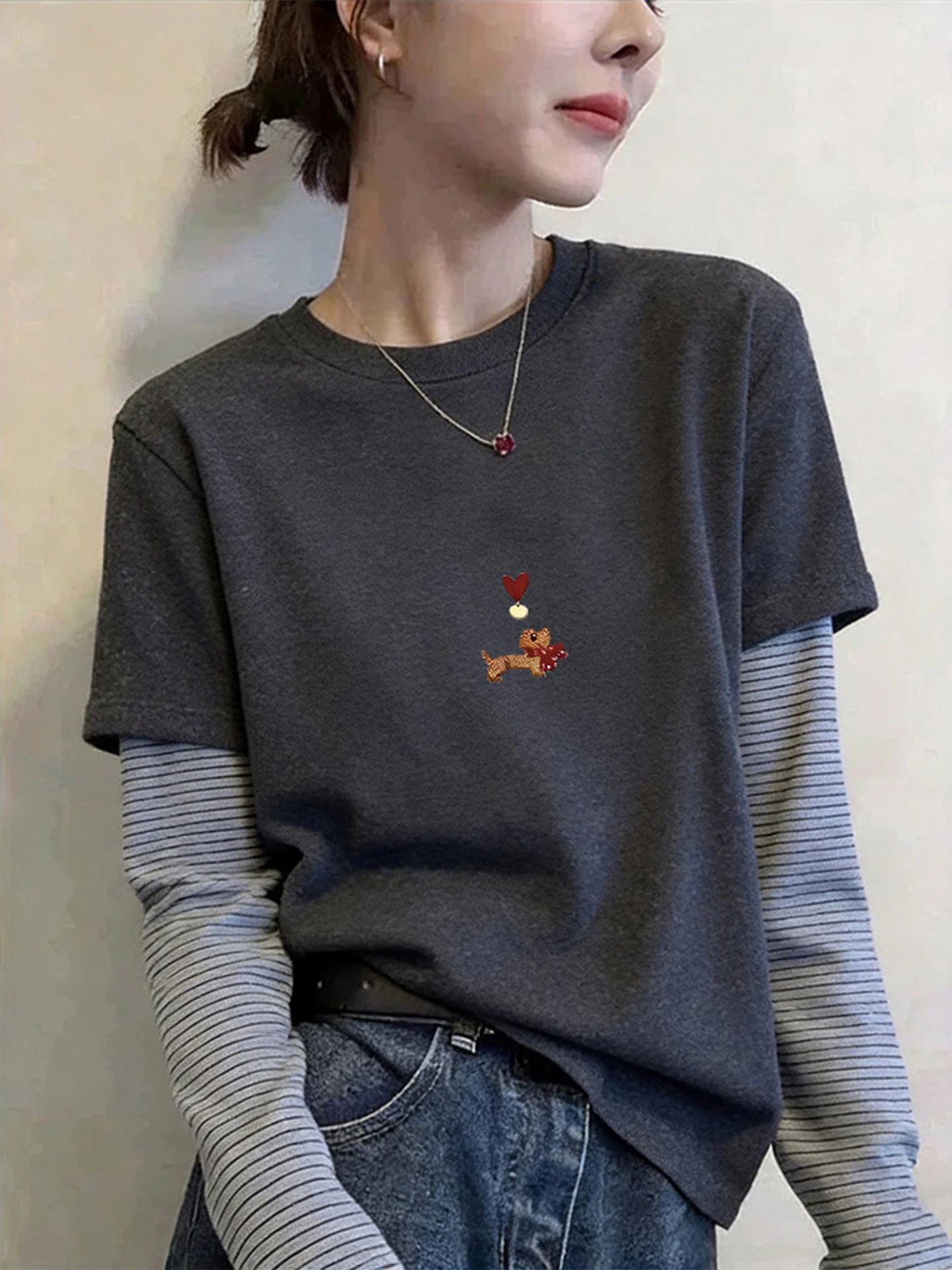 

Deep Grey Base Layer Shirt Women's Fashionable Straight Cut Long Sleeve Fleece Brushed T-Shirt Spring Autumn Winter Striped