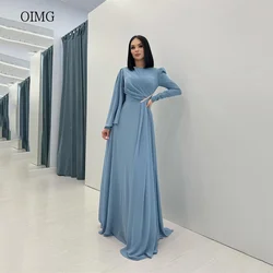 OIMG Elegant Blue A-line Prom Gowns Long Sleeve Formal Party Gown Chiffon Floor Length Evening Dress vestidos de fiesta