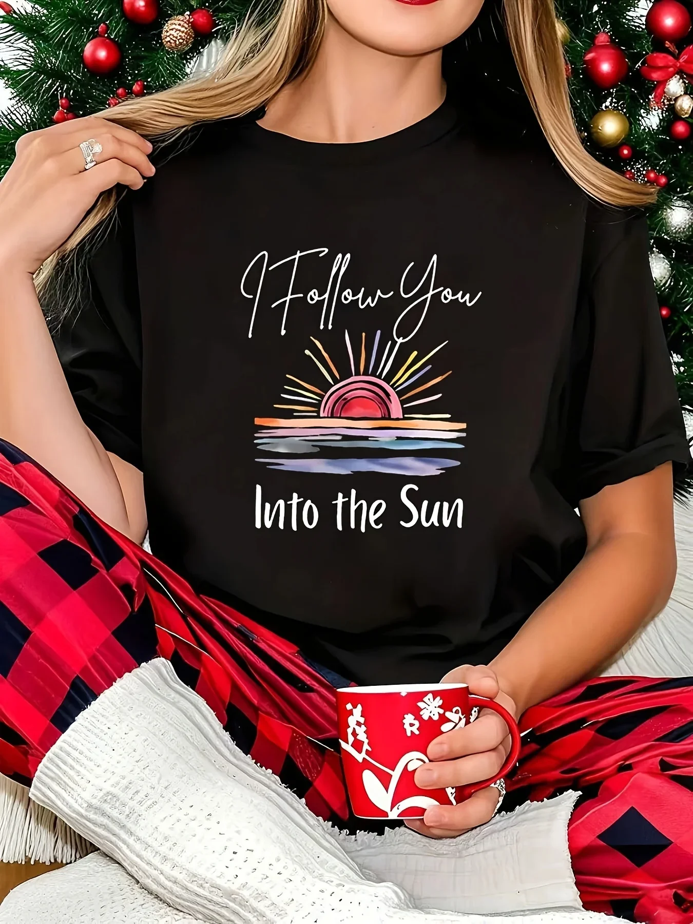 I Follow You Into The Sun Chasing The Sunset Handwritten Letter Maritime Sunset Print T Shirt Women's Casual T-shirt Top Clothes