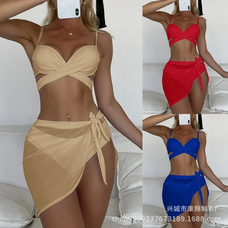 

Three-Piece Split Swimsuit for Women, Solid Color, Internet Celebrity Series, Hard Bag with Steel Bracket Bikini