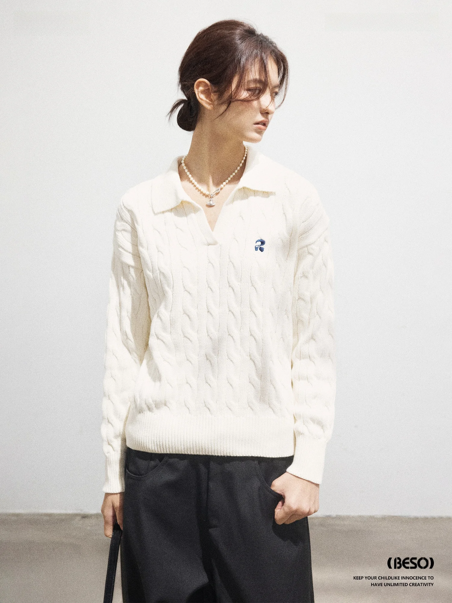 

BESOBER Original Twisted Knit Cotton Sweater Women's Casual V-Ne Embroidered Spiral Pattern Long Sve Warm Autumn Top